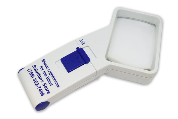 3.5X (10D) Hand-Held Illuminated Magnifier Mattingly "Classic" Cool White 5mm "Brilliant" Multi-Chip LED Warm White, Yellow and Teal LEDs available 75X50mm Aspheric Lens