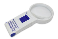  This 4X pocket magnifier has a round aspheric lens and a strong white light. Like all magnifiers in our new line, this magnifier is illuminated by LED and uses three Triple A batteries in a convenient hinged compartment on the handle.