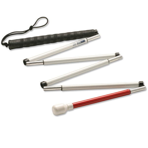 This strong aluminum 6-section folding cane has a pencil tip, and white reflective tape with six-inch red stripe